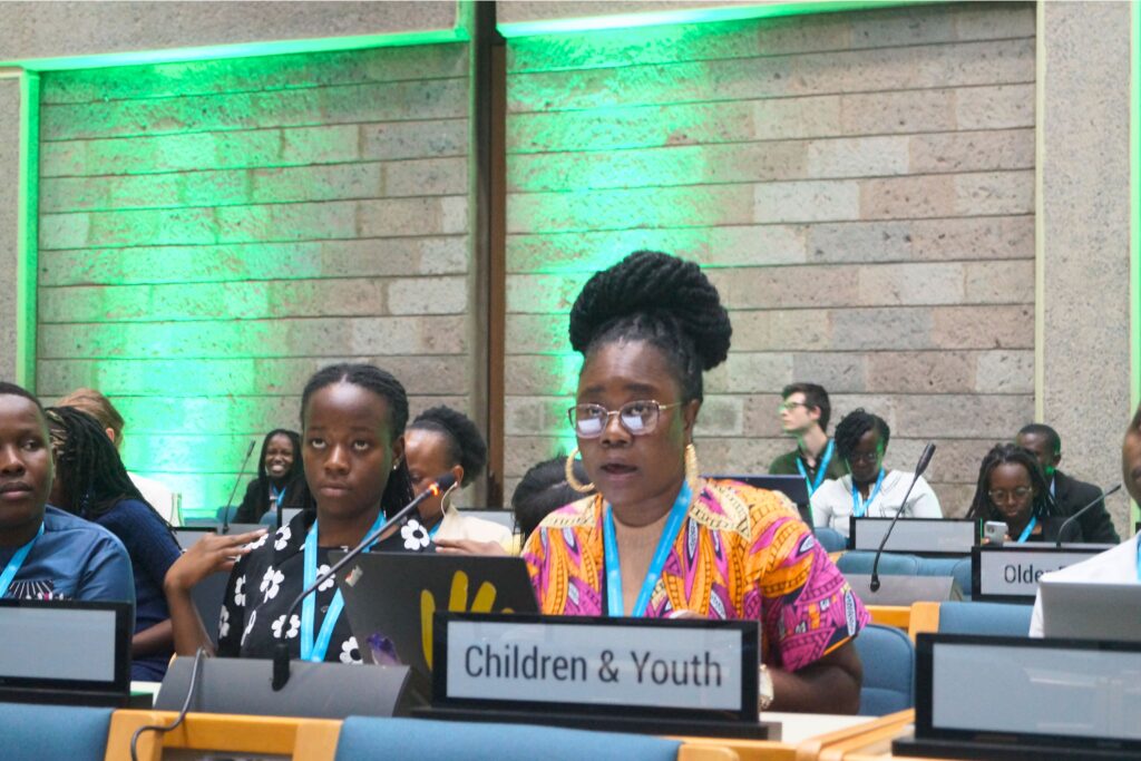 Gwendolyn Myers, Youth Advisory Board member, giving closing statement for children and youth at UN-Habitat Assembly 2023
